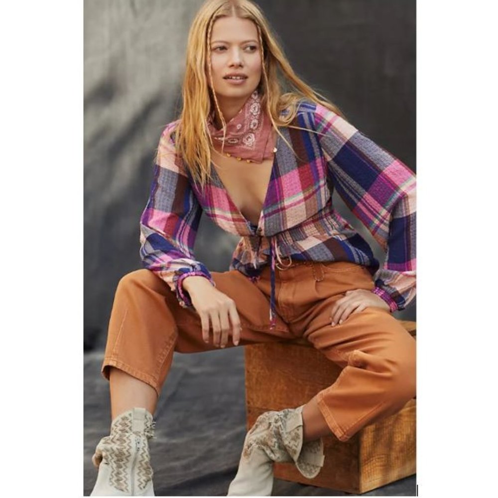 Pilcro Plaid Deep-V Blouse in Pink Combo from Anthropologie - Size Medium - NWT